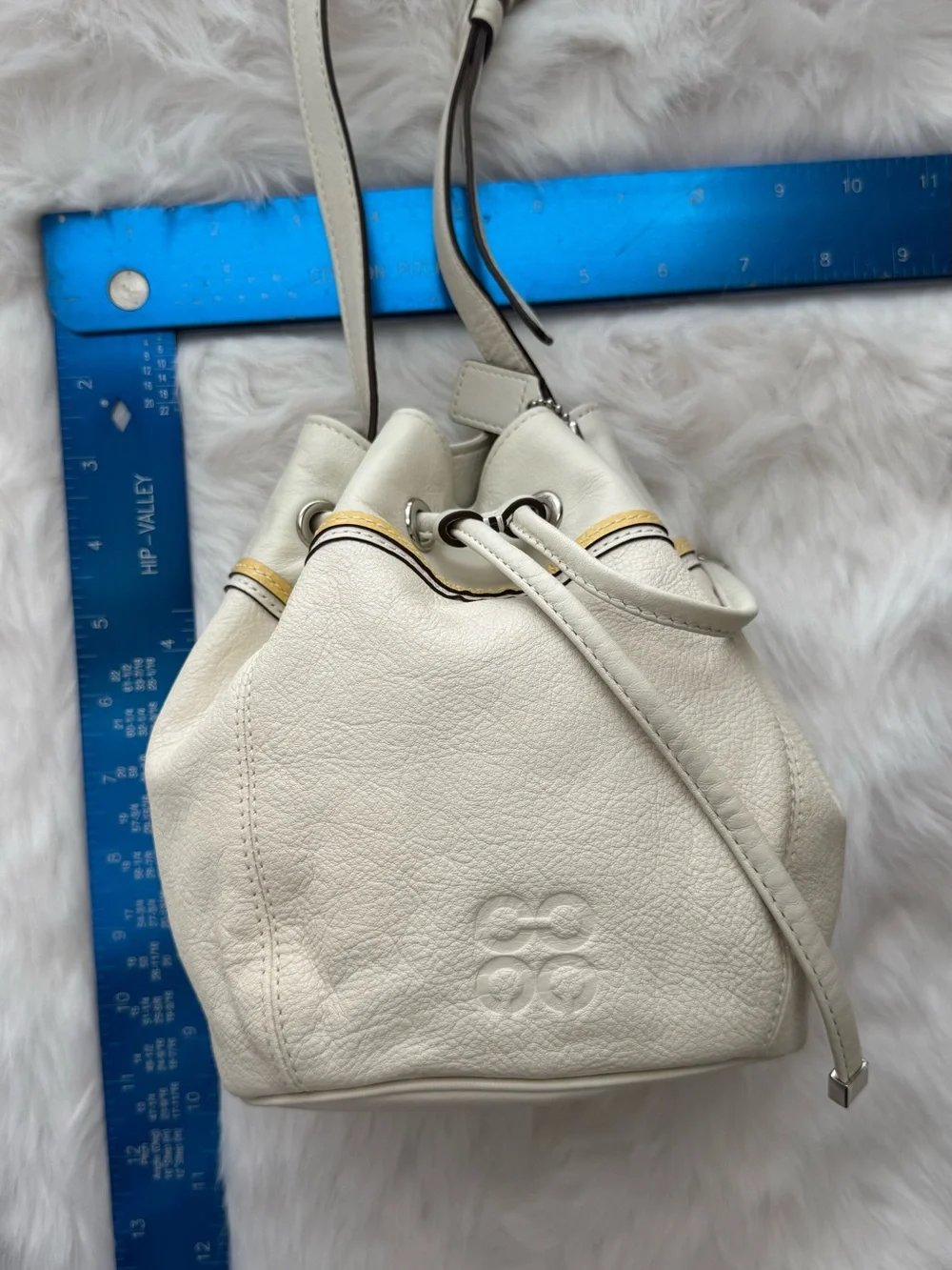 Coach Ivory Bucket Bag Drawstring Embossed Logo Adjustable Strap Pink Lining